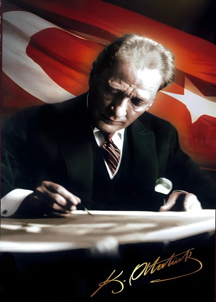 Atatürk Bayrak Altında Imzasiyla Canvas Tablo