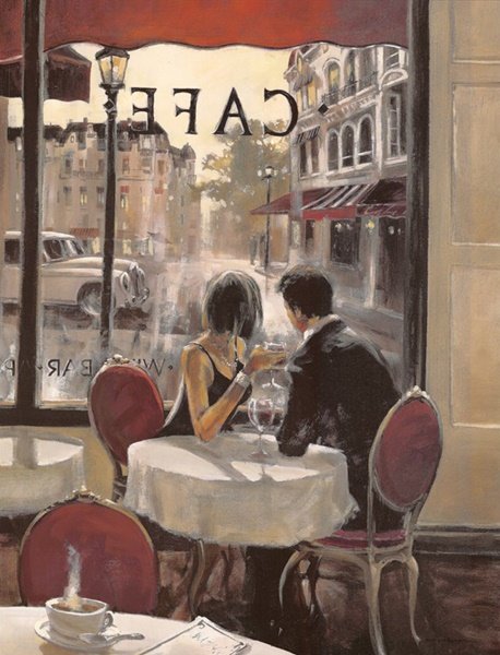 Yağlı Boya Cafe Manzarası Kırmızı Şemsiyeli Aşk Canvas Tablo