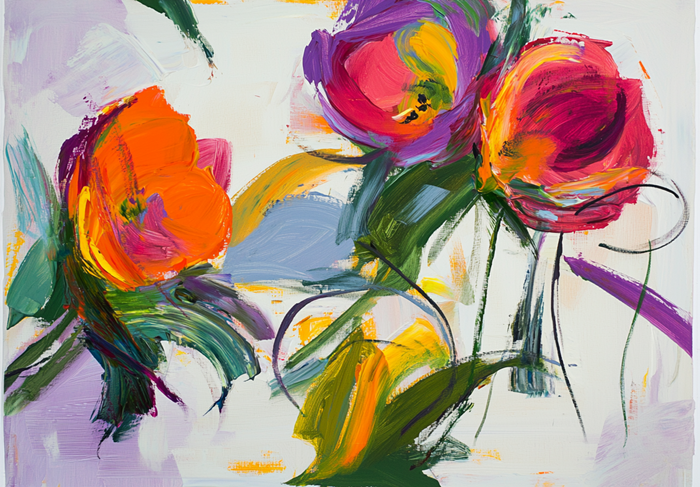Yağlı Boya Mor Turuncu Canlı Çiçekler Canvas Tablo
