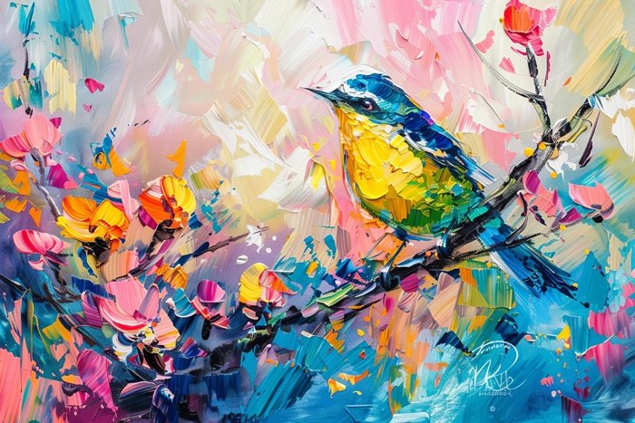 Yağlı Boya Renkli Palet Kuşu Çiçekler Dalinda Canvas Tablo