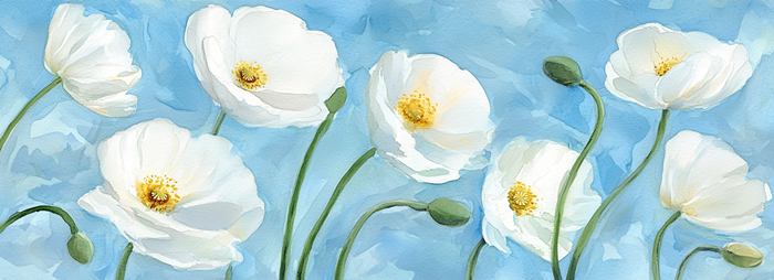 Mavi Arka Planda Beyaz Gelincikler Canvas Tablo