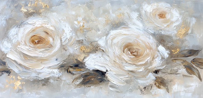 Yağlı Boya Altın Detaylı Beyaz Güller Canvas Tablo