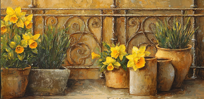 Yağlı Boya Balkon Nergisleri Ferforje Detaylı Canvas Tablo