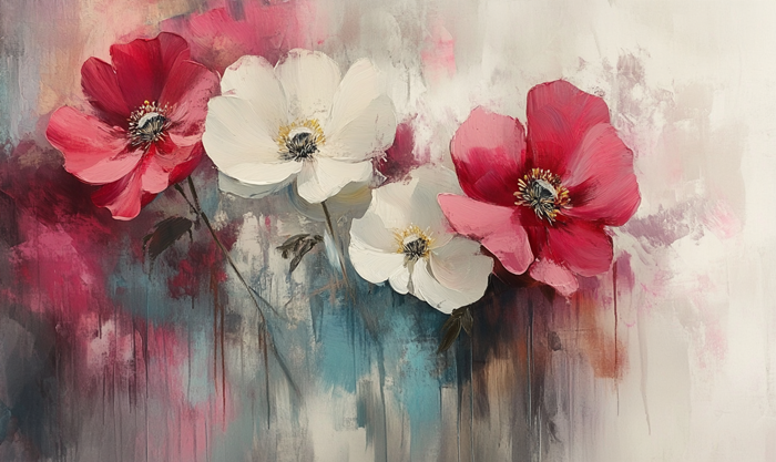 Yağlı Boya Fuşya Beyaz Soyut Çiçekler Canvas Tablo