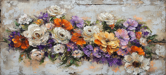 Yağlı Boya Mor Turuncu Beyaz Çiçek Buketi Canvas Tablo