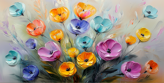 Yağlı Boya Pastel Palet Kalın Fırça Darbeleri Çiçekler Canvas Tablo