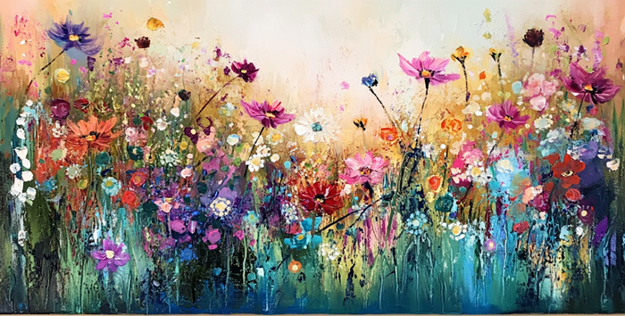 Yağlı Boya Renkli Yaz Çiçekleri Bahçesi Canvas Tablo