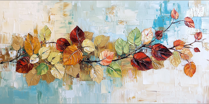 Yağlı Boya Sonbahar Yaprakları Dalı Canlı Renkler Canvas Tablo