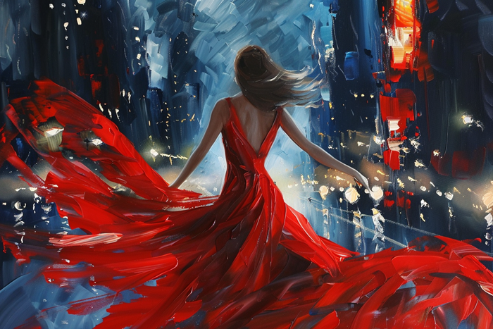 Kırmızı Elbiseli Şehirde Dans Eden Kadın Canvas Tablo