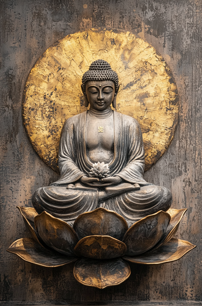 Oturmus Budha Altın Halo Lotus Çiçeği Canvas Tablo