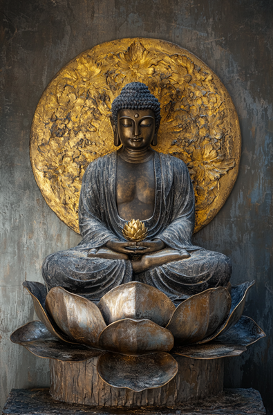Siyah Altın Lotus Çiçeği Buda Meditasyonu Canvas Tablo