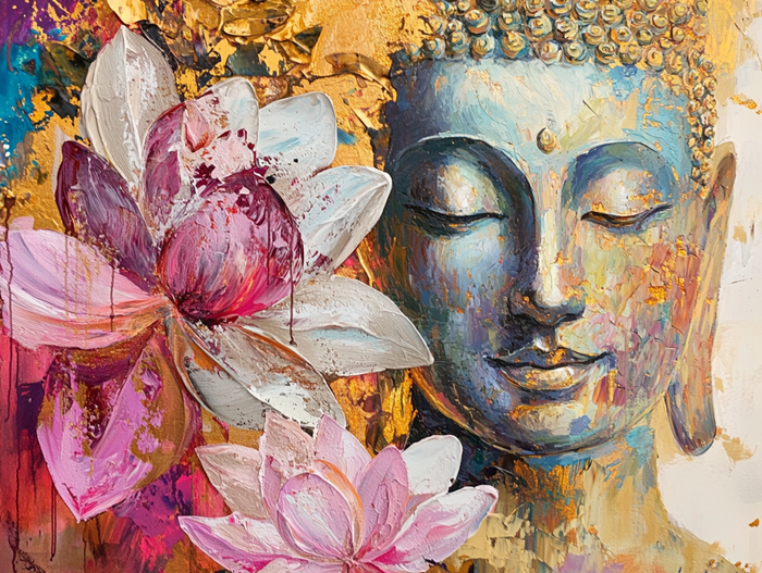 Yağlı Boya Meditasyon Buda Lotus Çiçekleri Canvas Tablo