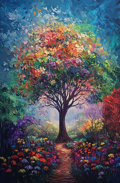 Yağlı Boya Canlı Renkler Hayat Ağacı Yolu Canvas Tablo