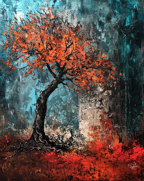 Yağlı Boya Turuncu Yapraklı Hayat Ağacı Canvas Tablo