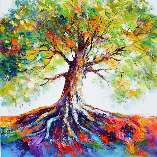 Yağlı Boya Hayat Ağacı Renkli Kökler Canvas Tablo