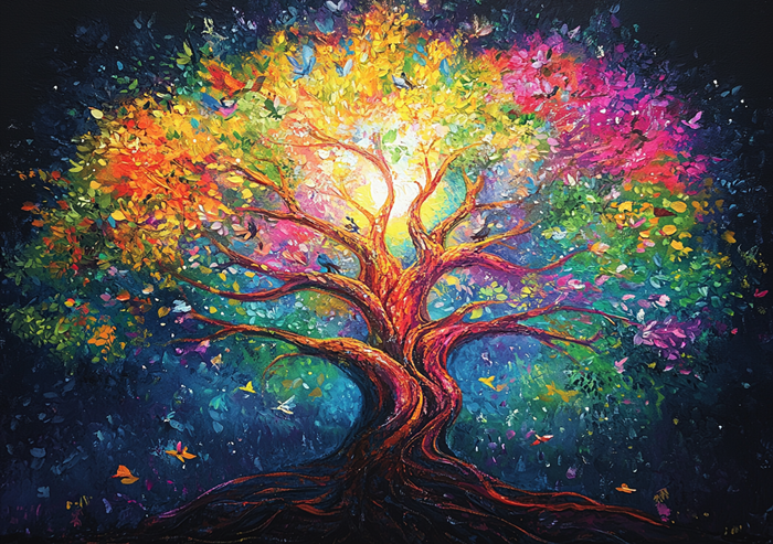 Yağlı Boya Canlı Renkler Coşkulu Hayat Ağacı Canvas Tablo