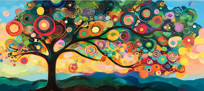 Soyut Renkli Yaşam Ağacı Gökkuşağı Yapraklar Canvas Tablo