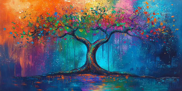Yağlı Boya Renkli Damlalı Hayat Ağacı Canvas Tablo