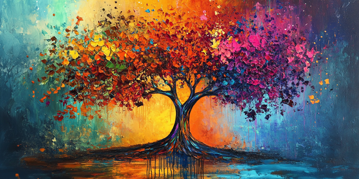 Yağlı Boya Renkli Palet Dokulu Panoramik Hayat Ağacı Canvas Tablo