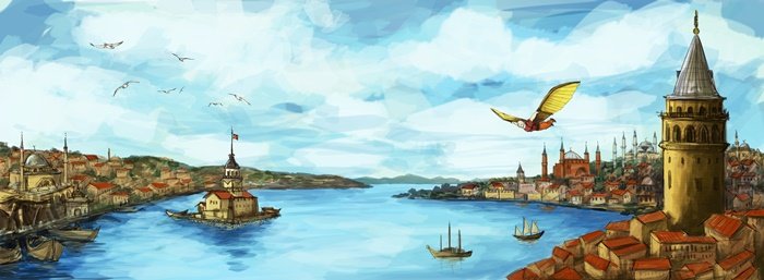İstanbul Goklerinde Hezarfen Halic Manzarası Canvas Tablo