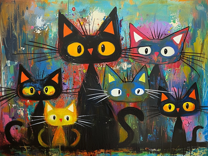 Renkli Sıçramalarla Modern Kedi Ailesi Canvas Tablo