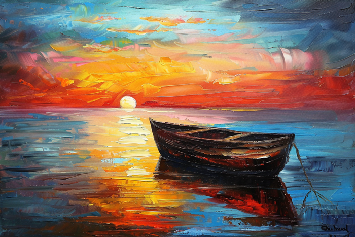 Yağlı Boya Batık Tekne Ve Gün Batımı Manzarası Canvas Tablo