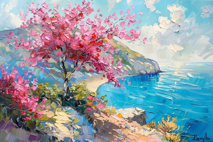 Pembe Çiçekli Deniz Manzarası