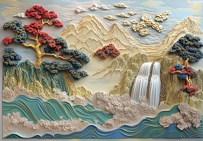 3d Kabartma Şelale Ve Soyut Dağ Manzarası Canvas Tablo