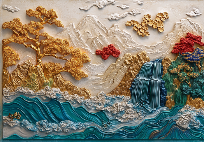 Altın Ağaçlı Şelale Ve Dalgalı Deniz Canvas Tablo