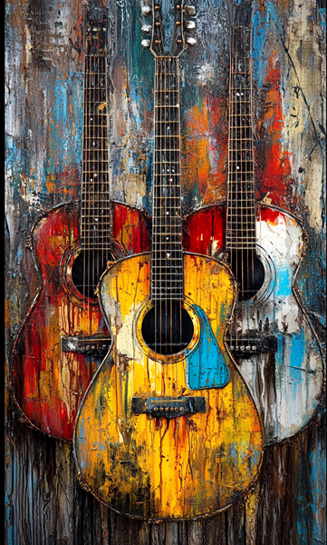 Yağlı Boya Renkli Damlalı Üç Gitar Canvas Tablo