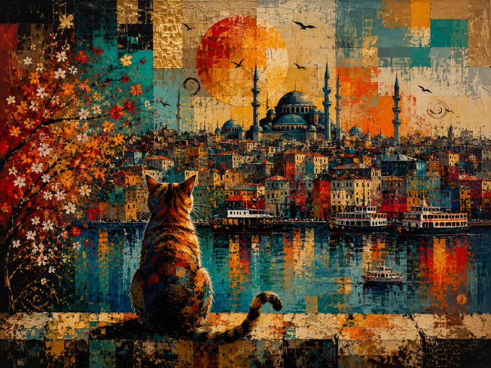 Yağlı Boya İstanbul ve kedi Kanvas Tablo