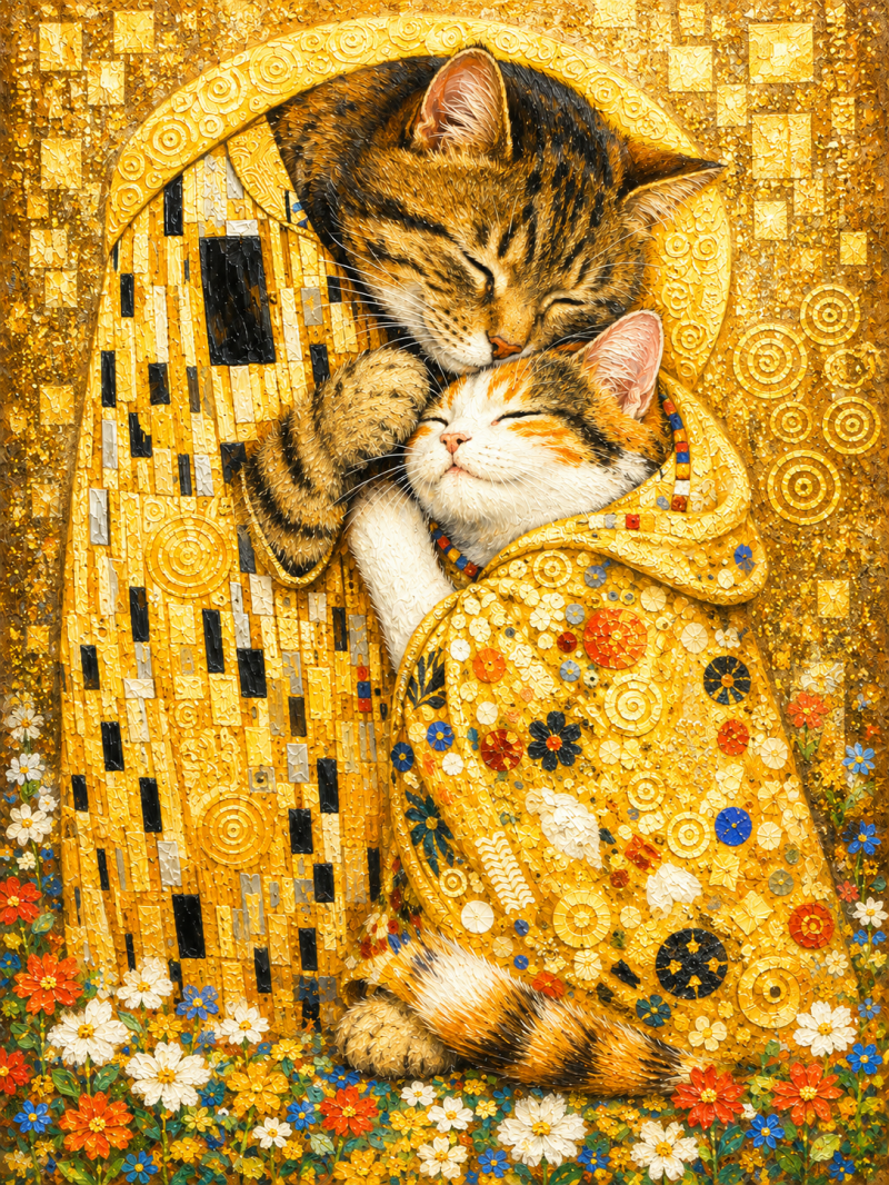 Yağlı Boya Klimt Anne Kedi ve Yavrusu Kanvas Tablo