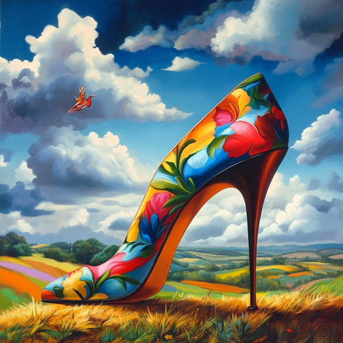 Retro Çiçekli Stiletto Ayakkabı Manzarası Canvas Tablo