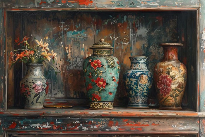 Yağlı Boya Eski Raf Üzeri Çiçekli Vazolar Canvas Tablo