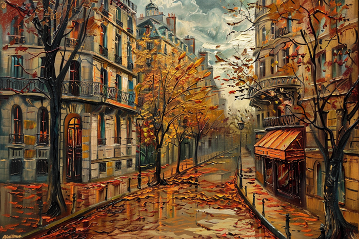 Yağlı Boya Sonbahar Paris Sokağı Yağmuru Canvas Tablo