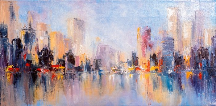 Yağlı Boya Renkli Şehir Yansımaları Gece Işıltısı Canvas Tablo