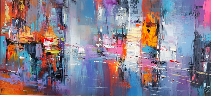 Yağlı Boya Soyut Şehirde Gece Işıkları Canvas Tablo