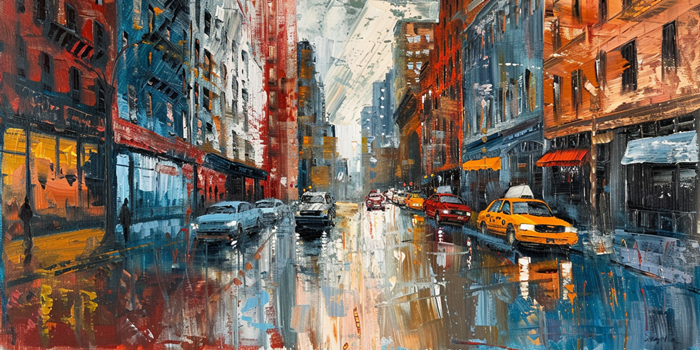 Yağlı Boya Yağmurlu Şehir Caddesi Işıkları Canvas Tablo