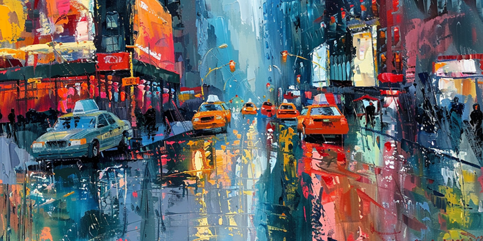 Yağlı Boya Yağmurlu Şehir Caddesi Ve Sarı Taksi Canvas Tablo